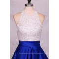 2016 Moda Royal Blue Beaded and Sequined Andar Comprimento Satin Prom Dress